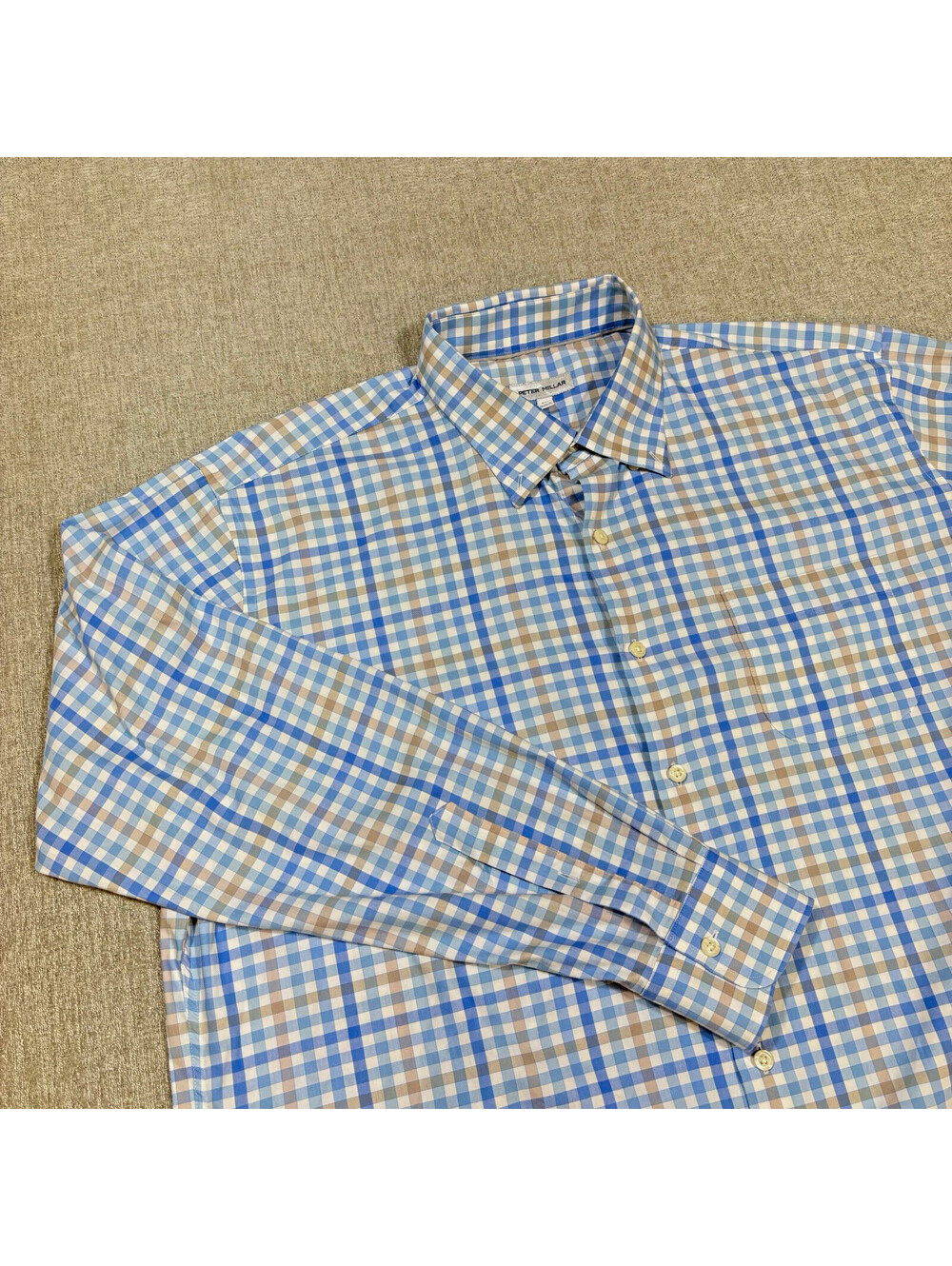 Peter Millar Mens XL Blue Tan Check Long Sleeve Button Up Dress Shirt Cotton
